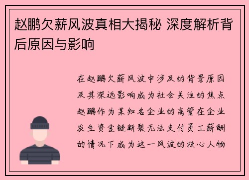 赵鹏欠薪风波真相大揭秘 深度解析背后原因与影响 赵鹏欠薪风波真相大揭秘 深度解析背后原因与影响
